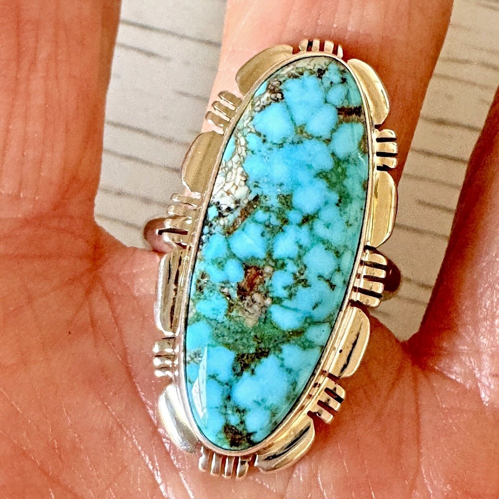 Navajo Sonoran Turquoise Ring Sz 10 Sterling Norvin Johnson Shine Fluted USA - Picture 1 of 7